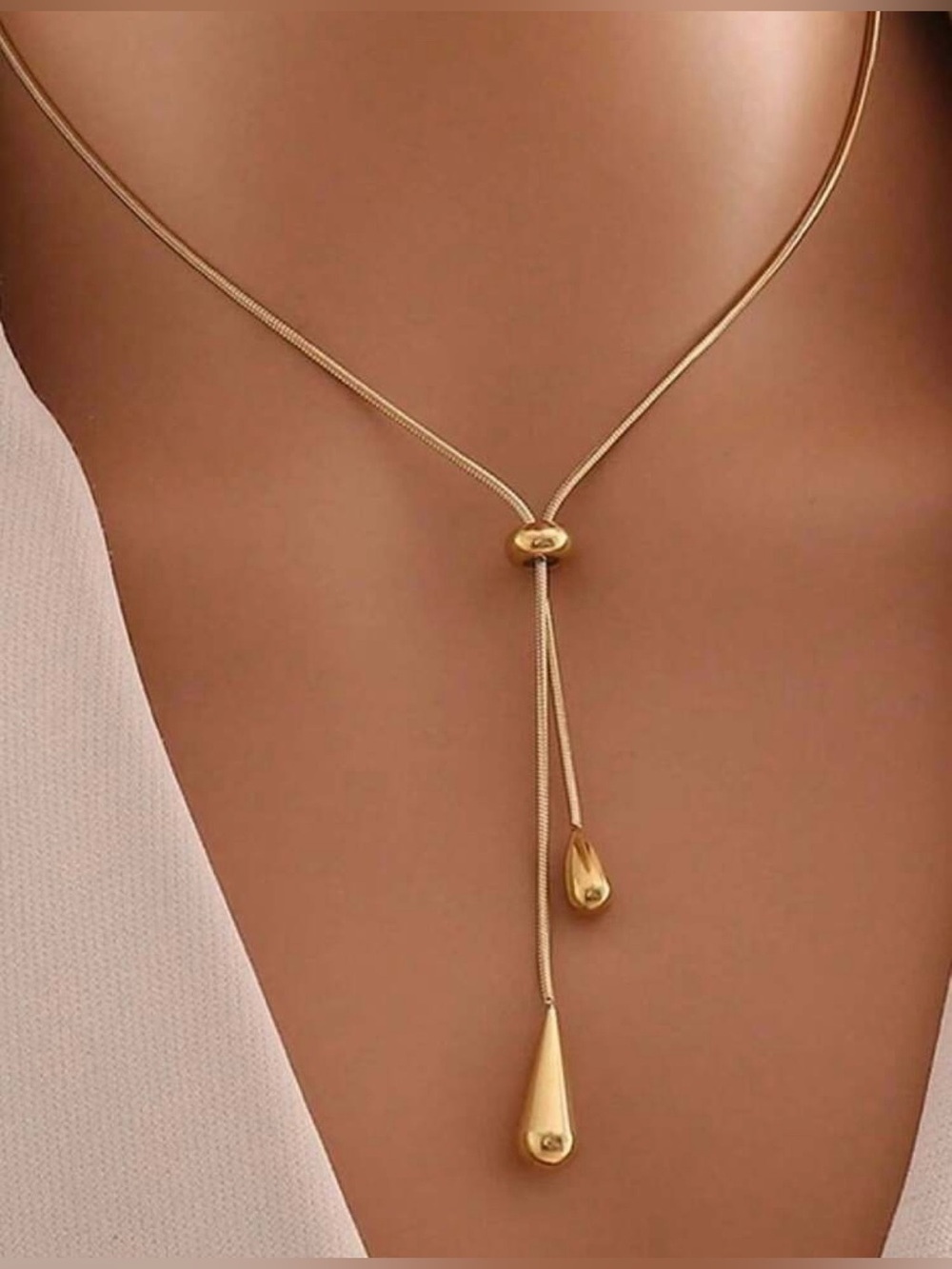Gold Double Teardrop Lariat Necklace